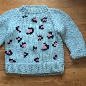 WOOL AND THE GANG Light Blue and Pink Leopard Print Chunky Handknit Sweater